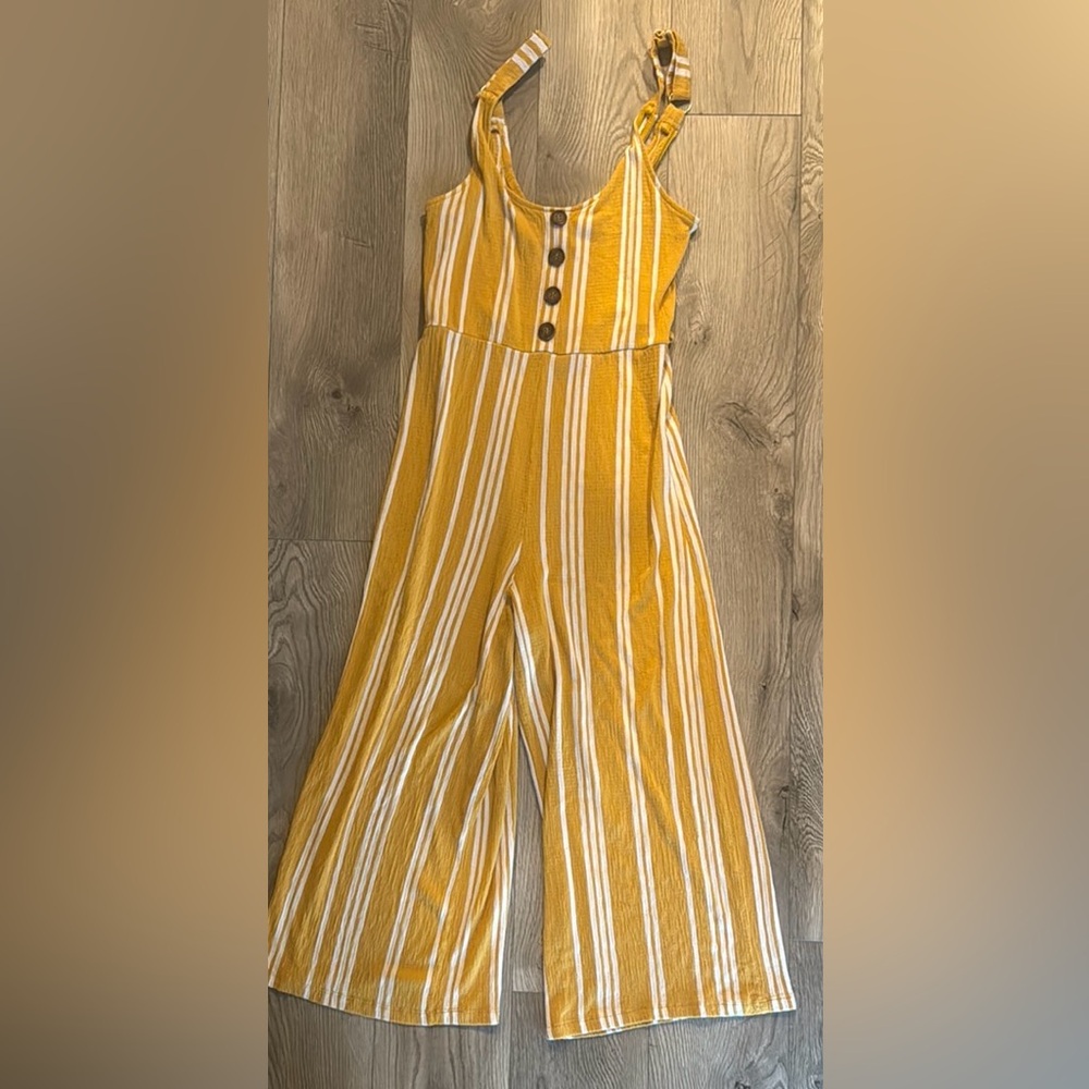 Love Tree Yellow and White Striped Jumpsuit with Adjustable Straps
